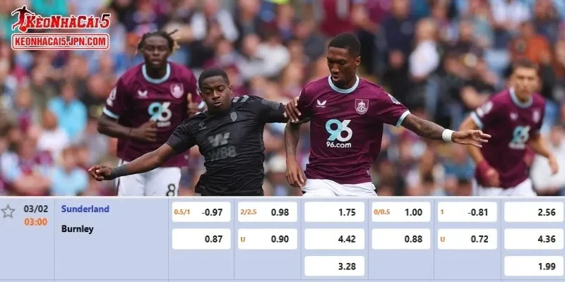 Tỷ lệ kèo chi tiết của của trận Sunderland vs Burnley 