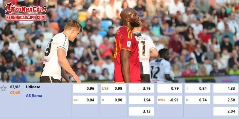 Tỷ lệ kèo chi tiết và cập nhật nhất cho trận đấu giữa Udinese vs AS Roma