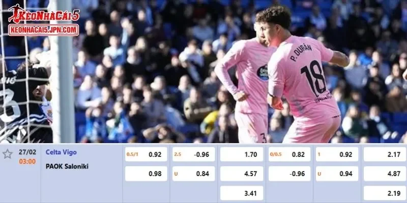 Tỷ lệ kèo được cập nhật đầy đủ cho màn so tài Celta Vigo vs PAOK FC